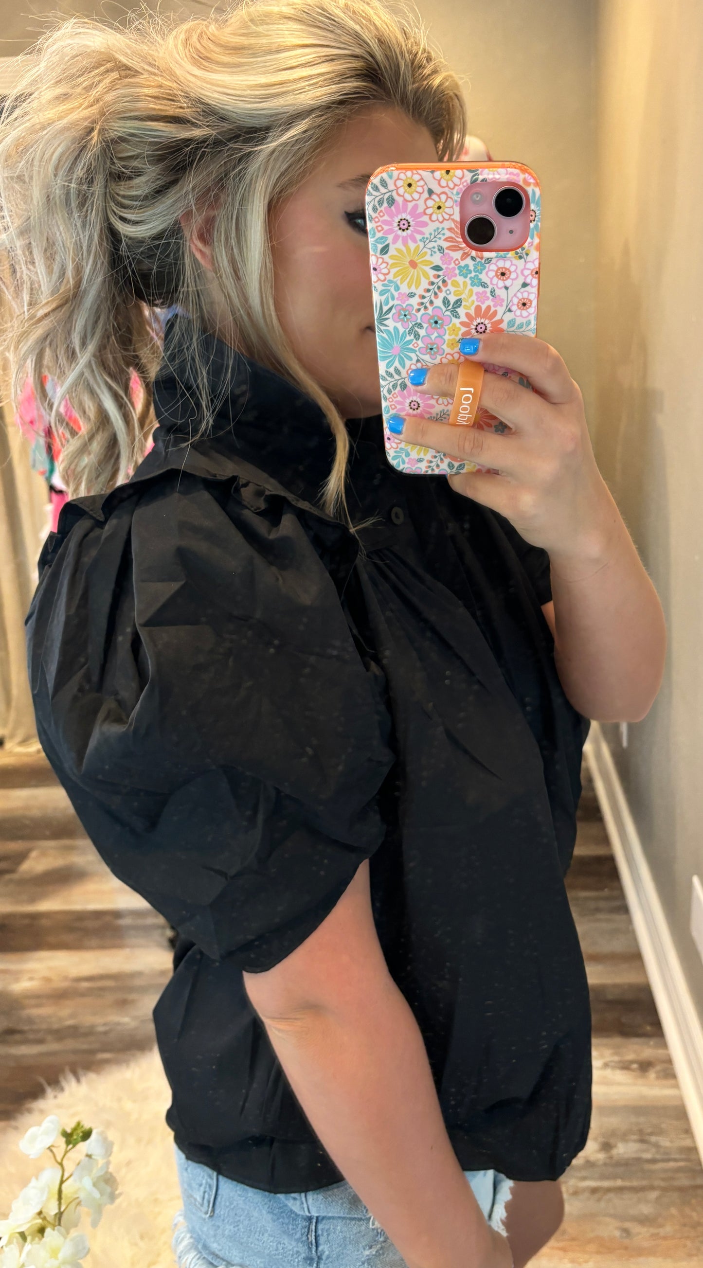 Crisp Puff Sleeve Shirt [Black]