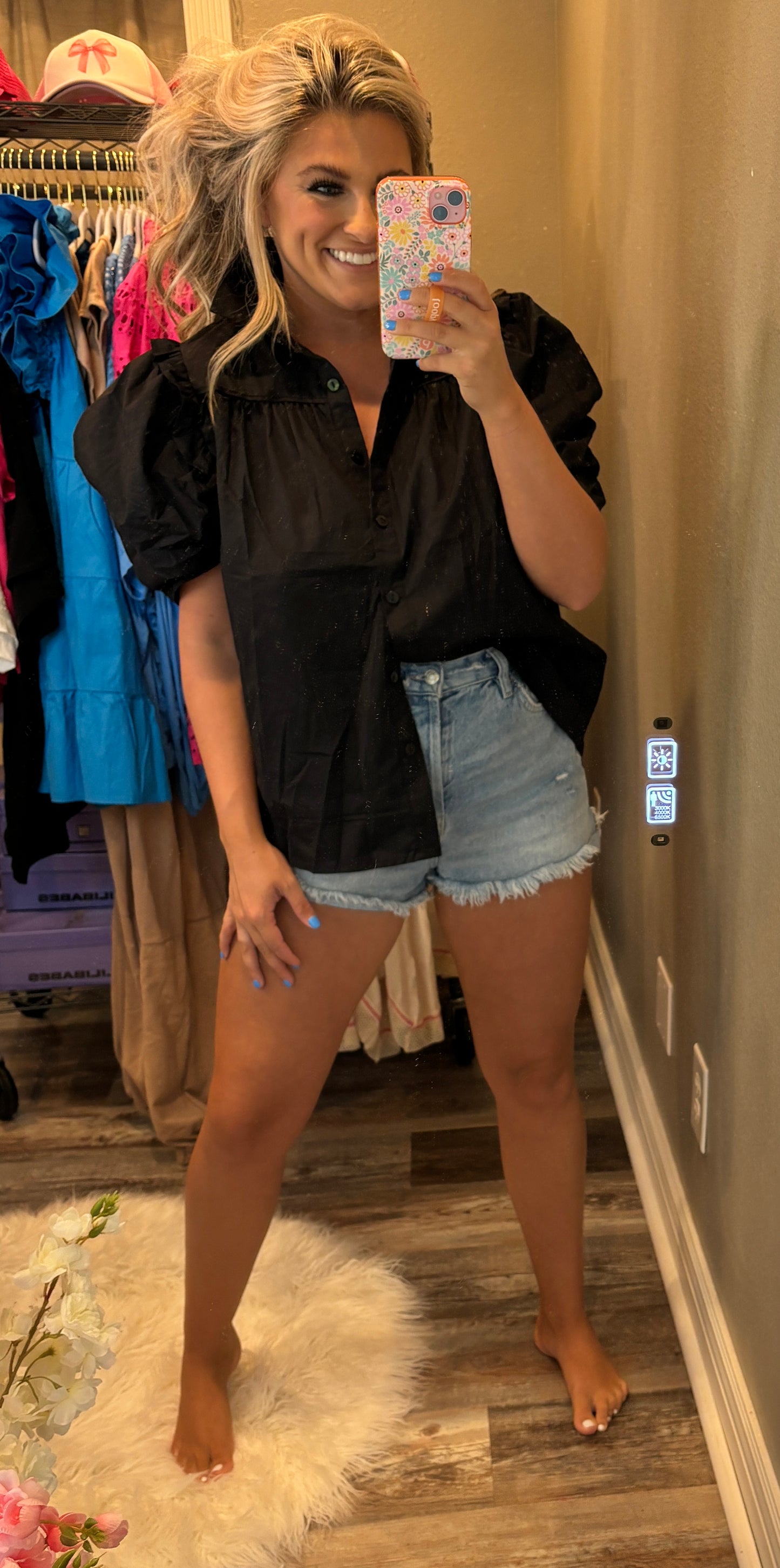 Crisp Puff Sleeve Shirt [Black]