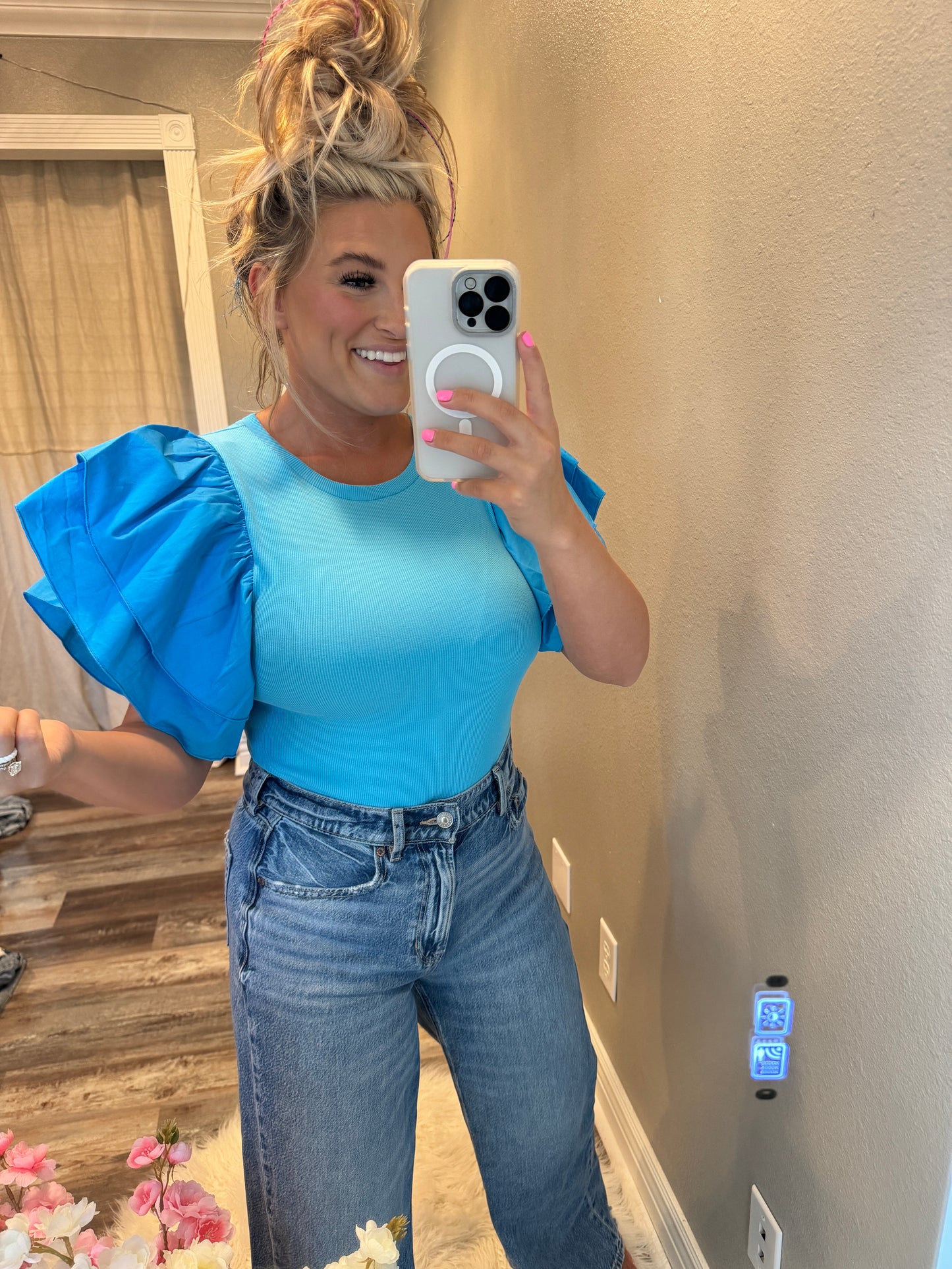 Ruffle Sleeve Bodysuit [Teal]