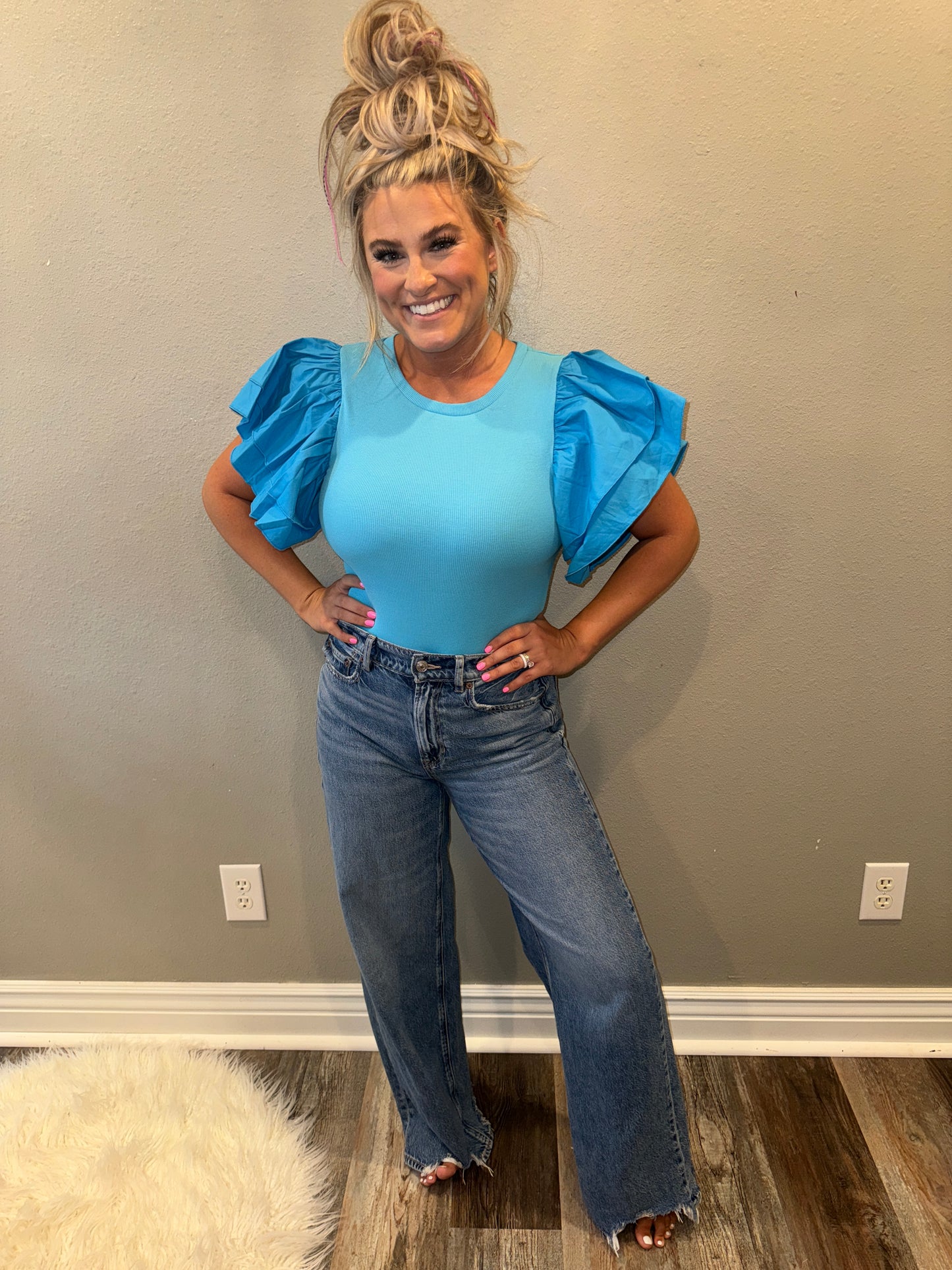 Ruffle Sleeve Bodysuit [Teal]