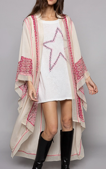 Bell Sleeve Long Open Kimono [Natural & Pink]